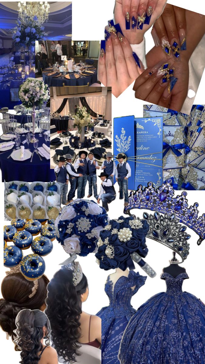 a collage of blue and white wedding decorations, flowers, and bride's hands