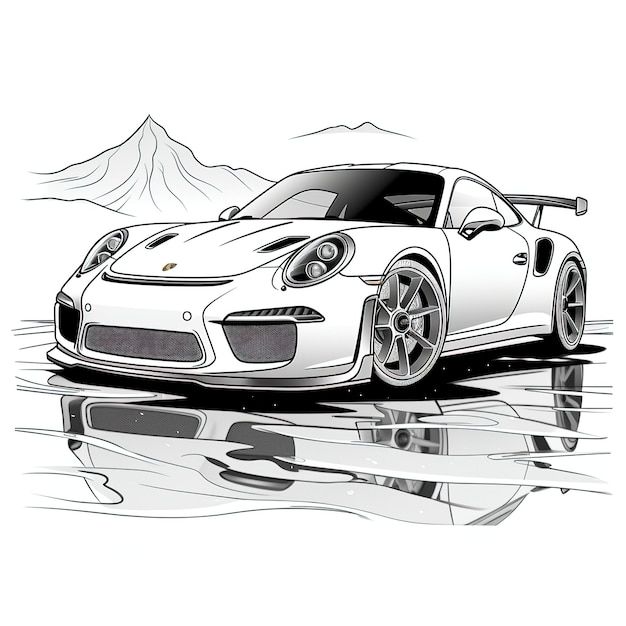 a drawing of a white sports car with mountains in the background and water on the ground