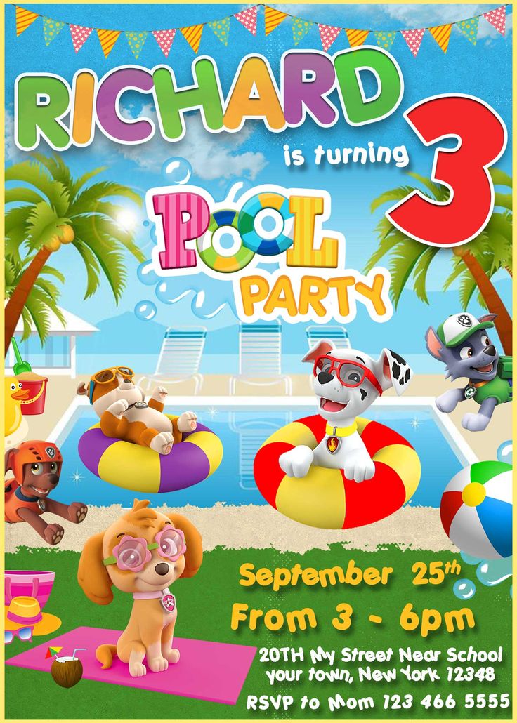 a pool party flyer with cartoon animals