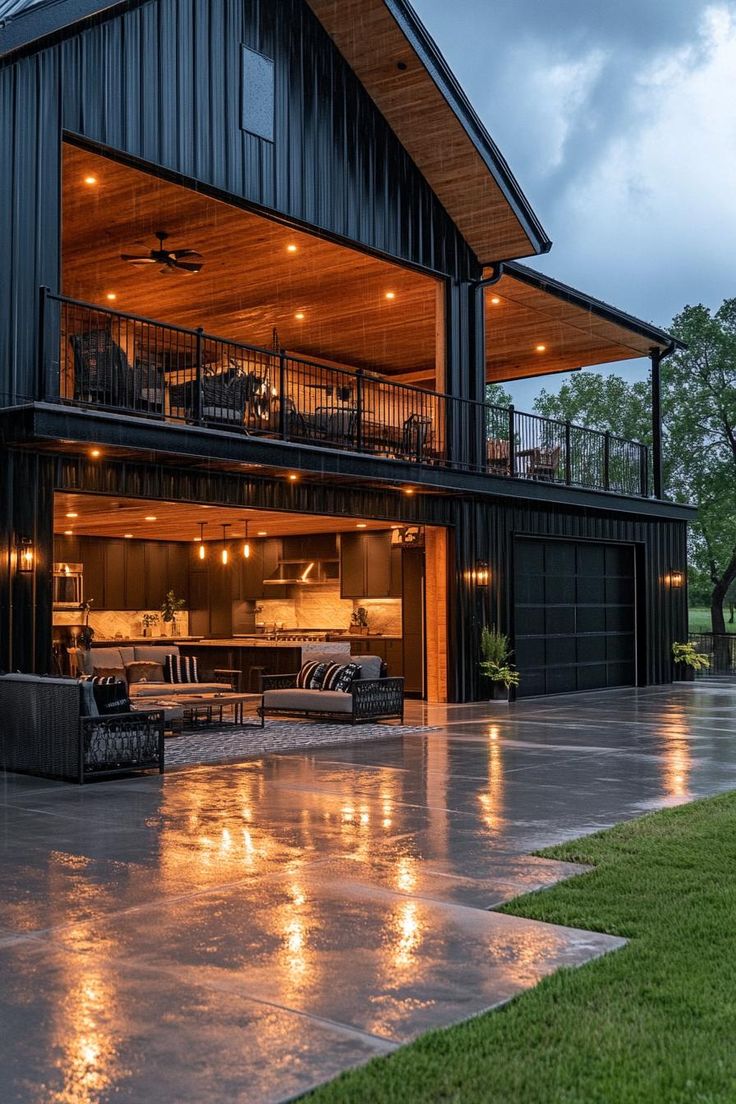 an open garage with lights shining on it