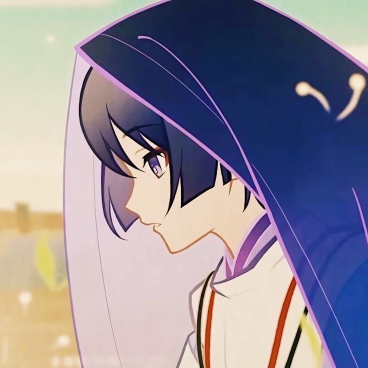 an anime character with long purple hair and blue eyes looking at something in the distance