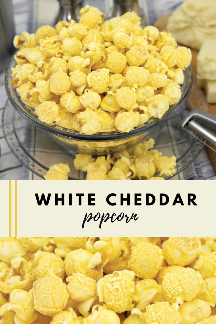 white cheddar popcorn in a glass bowl on a table with other food items