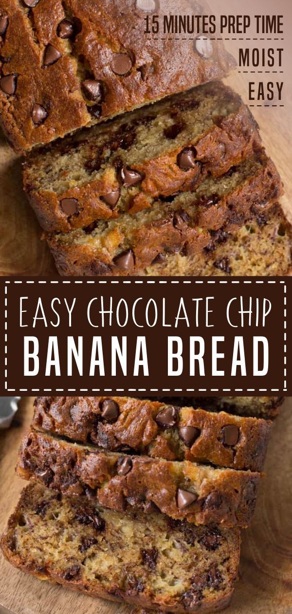 easy chocolate chip banana bread on a cutting board with text overlay that says easy chocolate chip banana bread