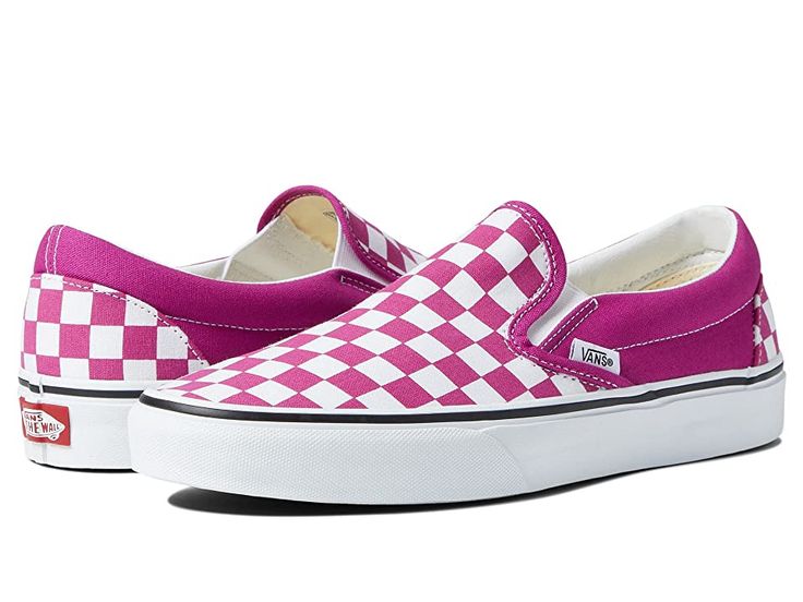 Vans Classic Slip-On - Skate Shoes : (Checkerboard) Fuchsia Red/True White : The one that started it all - the tried-and-true style and laid-back profile of the Vans Classic Slip-On shoes. Slip-on sneakers with uppers of canvas, leather, or suede. Durable upper for long lasting wear. Padded collar and footbed for added comfort, fit, and superior shock absorption. Cotton drill lining for excellent breathability and extra comfort. Die-cut EVA insert for added support. Vulcanized construction: • Sl Casual Slip-on Sneakers With Vulcanized Sole For Skateboarding, Streetwear Sneakers With Contrast Sole And Slip-on Design, High-top Slip-ons With Vulcanized Sole For Streetwear, High-top Slip-ons For Streetwear, Vans Sporty Low-top Slip-ons, Sporty Vans Slip-ons With Rubber Sole, Sporty Vans Low-top Slip-ons, Slip-on Skateboarding Sneakers With Gum Sole, White Sole Rubber Slip-on Sneakers For Skateboarding