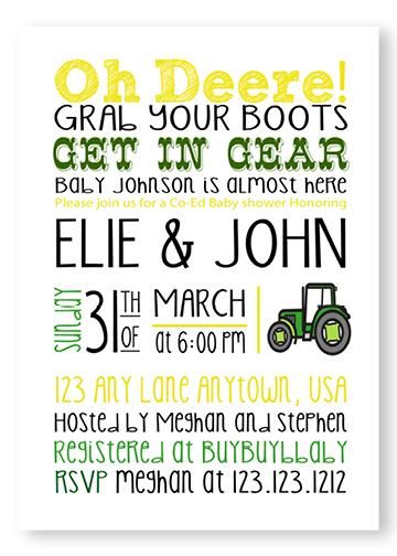 a green and yellow tractor themed birth announcement