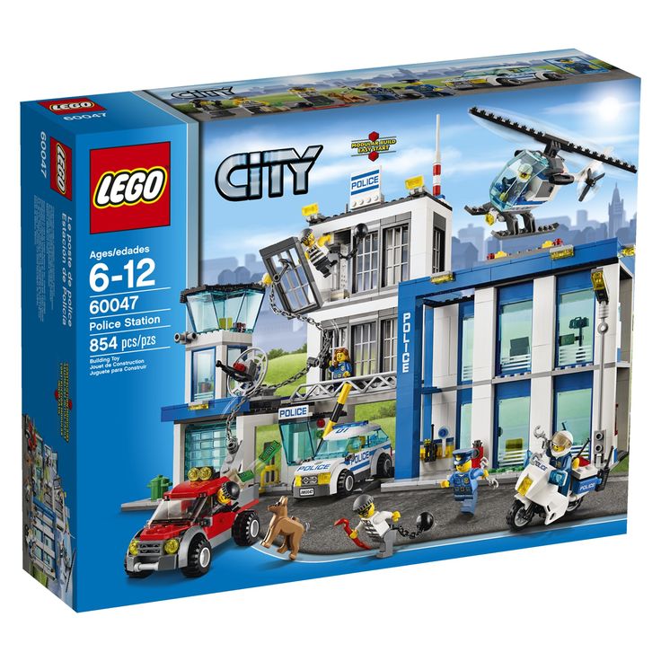 a lego city police station with fire and rescue vehicles in front of it's building