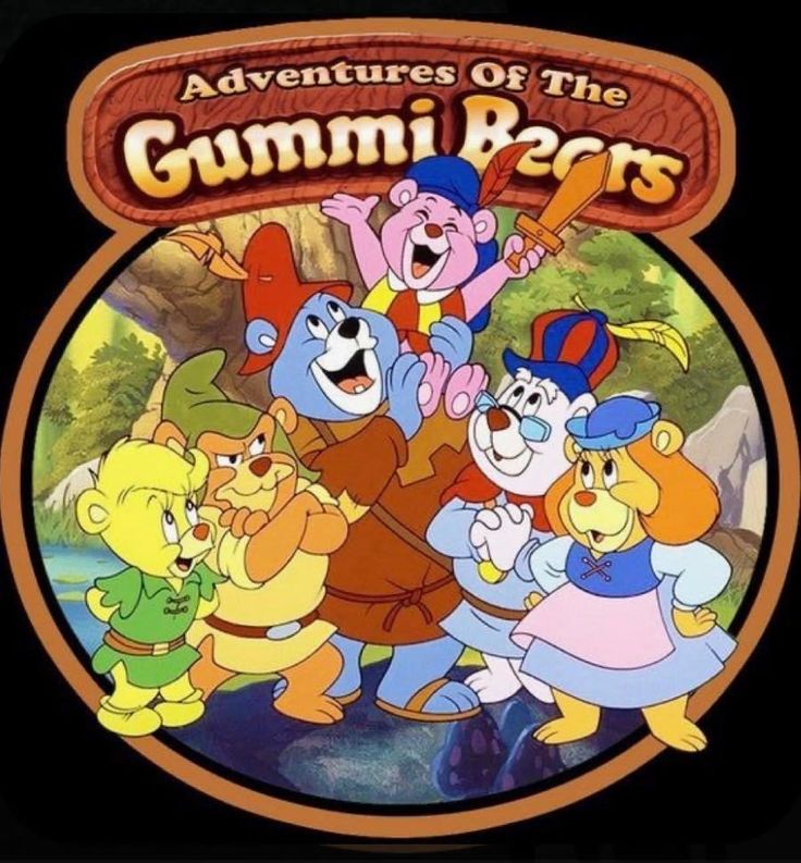 the adventures of the gummi bears logo with cartoon characters in front of trees and water