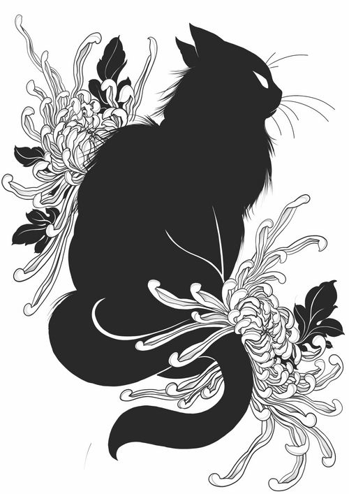 a black cat sitting on top of a flowery branch with leaves and flowers around it