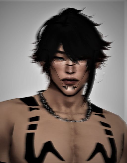 a digital painting of a man with black hair and piercings on his face, wearing a bra