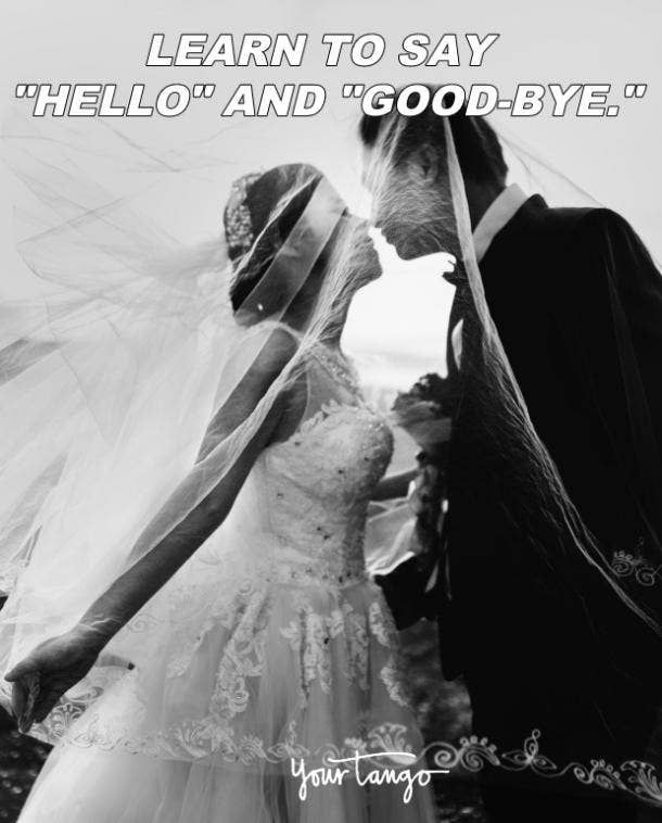 a man and woman kissing each other in front of a white background with the words, learn to say hello and goodbye