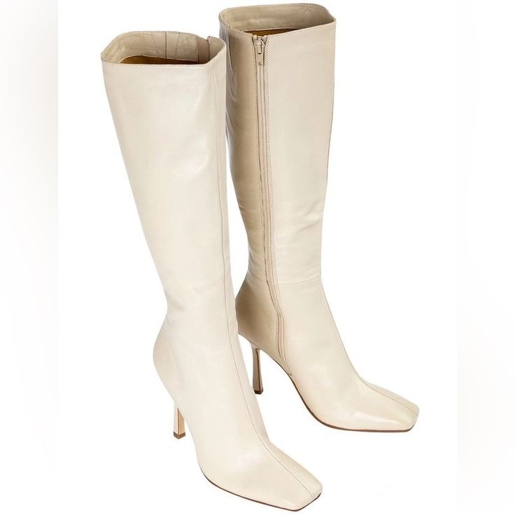 Featuring A Slender Stiletto Heel, An On-Trend Squared Toe And A Sleek Fitted Upper. As A Zip-Up Boot, This Style Finishes Just Below The Knee. Pair With Tucked In Pants Or A Midi-Skirt For Your Next Go-To. -Material: All New Leather Upper & Lining -Sole: Resin Sole -Fit: Runs True To Size -Toe-Shape: Squared -Features: Inner Matching Zip -Heel: 10.5cm Stiletto Heel Excellent Condition Cream Pointed Toe Fitted Boots, Fitted Cream Boots With Pointed Toe, Cream High Heeled Boots, Fitted Cream High Heel Boots, Fitted Cream Pointed Toe Boots, Cream Colored Fitted Heeled Boots With Pointed Toe, Elegant Beige Boots With 4-inch Heel, Cream Heeled Boots With Reinforced Heel, Classic Fitted Square Toe Heeled Boots