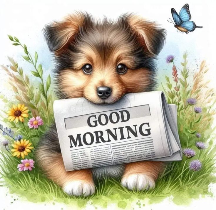 a puppy holding a newspaper with the words good morning on it