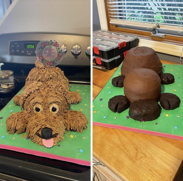 two cakes made to look like dogs on top of each other, one is brown and the other is green