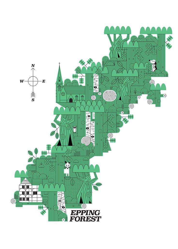 an illustrated map of the forest with trees and buildings on it, as well as other things