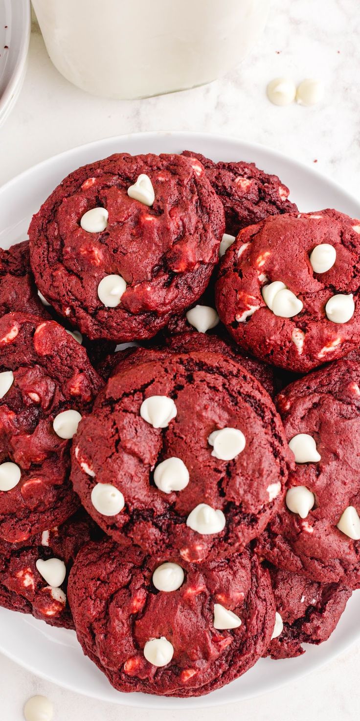 red velvet cookies with white chocolate chips on a plate