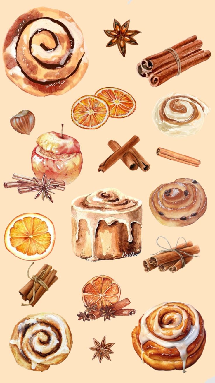 watercolor painting of cinnamon buns, orange slices and cinnamon sticks on a beige background