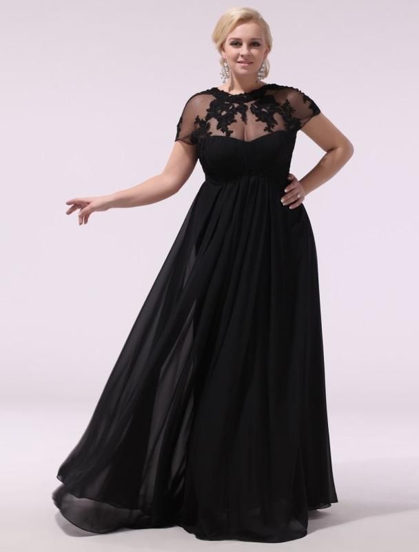 Black Prom Dresses Plus Size Evening Dress Chiffon Lace Applique Illusion Short Sleeves Floor Length Wedding Guest Dress misshow Plus Size Evening Dress, Plus Size Gowns Formal, Cheap Bridal Dresses, Black Tie Wedding Guest Dress, Prom Dress Plus Size, Plus Size Gowns, Chiffon Evening Dresses, Evening Dresses Short, Evening Dresses Plus Size