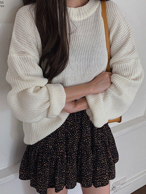 Basic Crew Neck Pullover Sweater Street Preppy, Cardigan Beige, Beige Cardigan, Sweater White, Sweaters Online, Ribbed Neckline, White Sweaters, Long A Line, Pullover Sweater