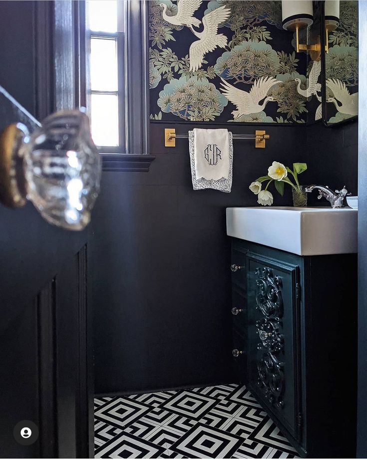 Go bold and dramatic in a small powder room Powder Room Door, Small Downstairs Toilet, Peel Stick Tile, Bold Bathroom, Powder Room Decor, Powder Room Design, Bedroom Fireplace, Room Door, Built In Bookcase