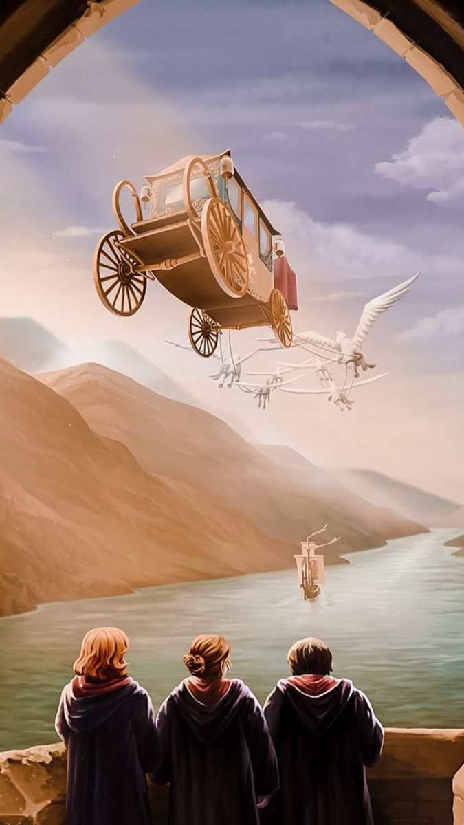 three people looking at an image of a horse drawn carriage flying over the water and mountains