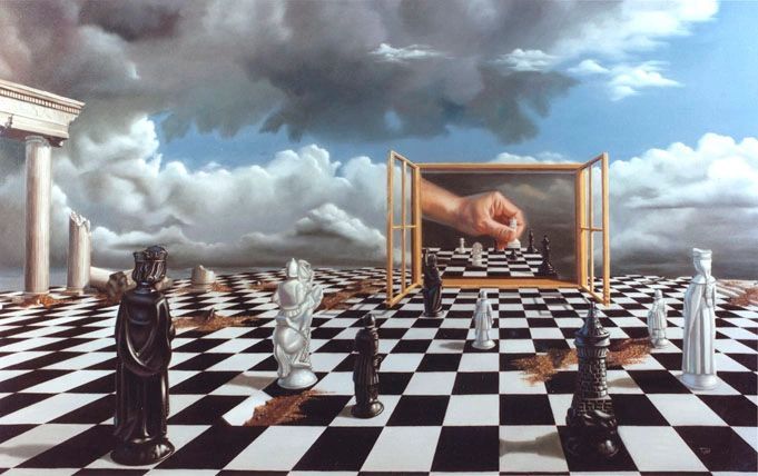 a painting of a hand reaching for a chess piece in the middle of a black and white checkered floor