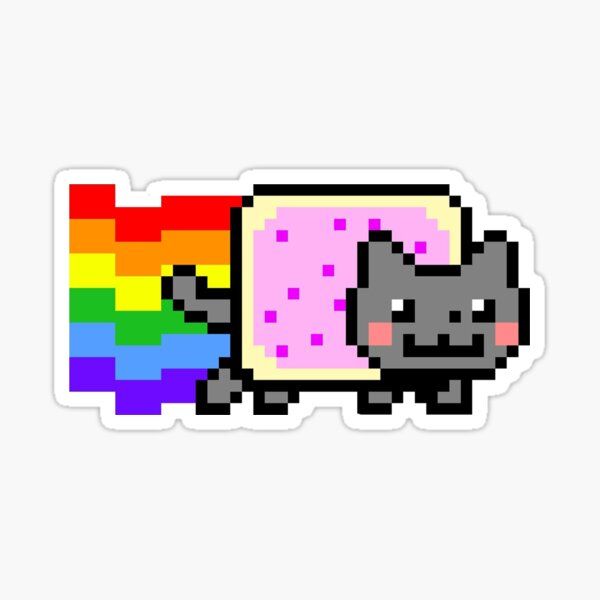 a pixel art sticker with an image of a cat sleeping on a rainbow blanket