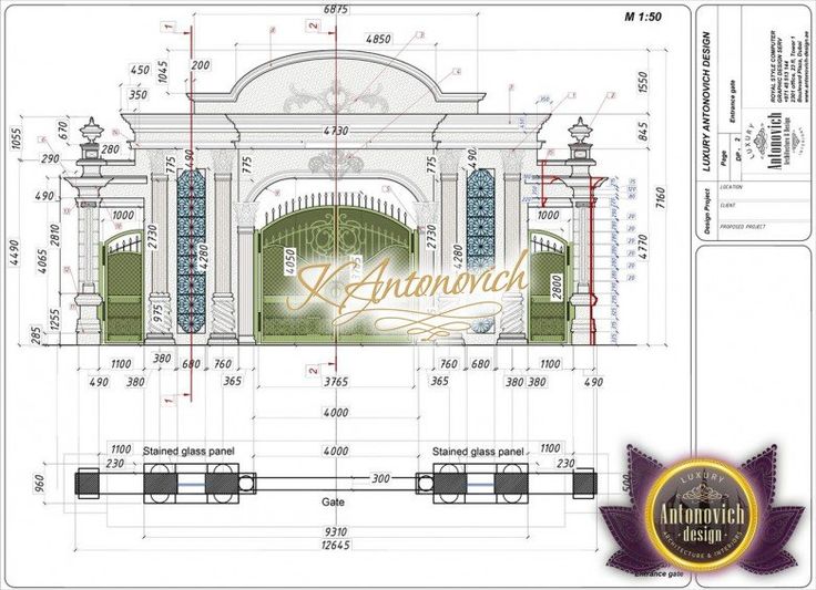 an architectural drawing shows the front and back sides of a building with arches, doorways,