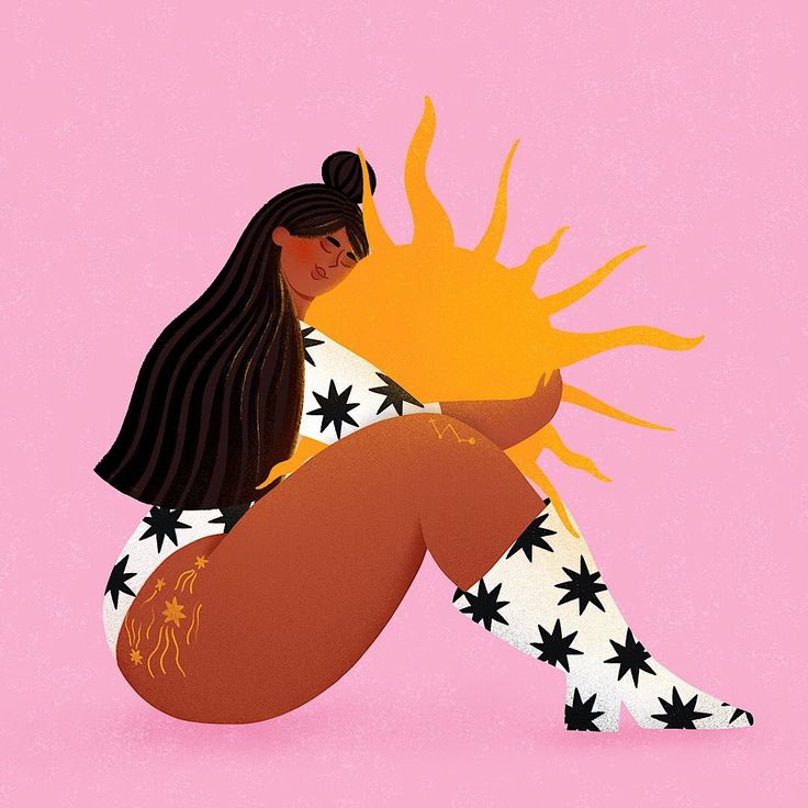 an illustration of a woman sitting on the ground with her legs crossed and sun above her head