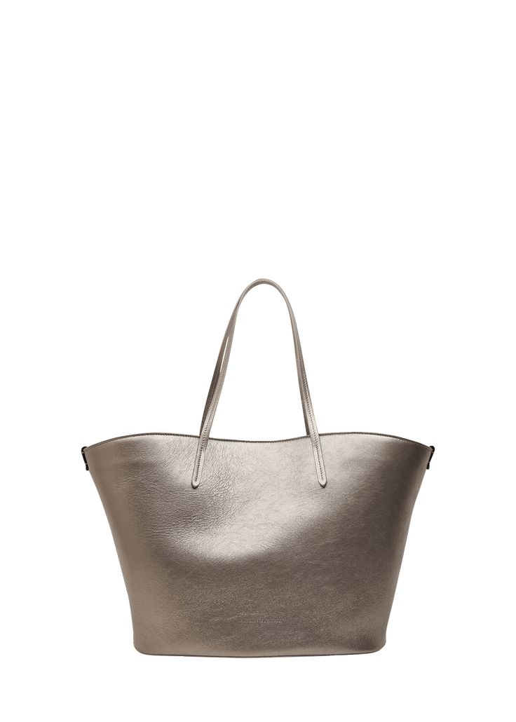 "Find BRUNELLO CUCINELLI Metallic Leather Tote Bag on Editorialist. Brunello Cucinelli tote bag in metallic leather Shoulder straps Open top Approx. 20.9\"H x 12.2\"W x 7.1\"D Made in Italy"