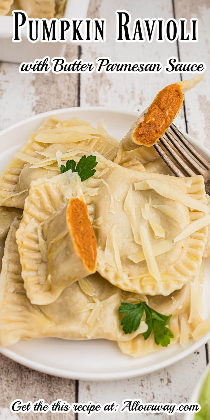 pumpkin ravioli with butter parmesan sauce on a white plate