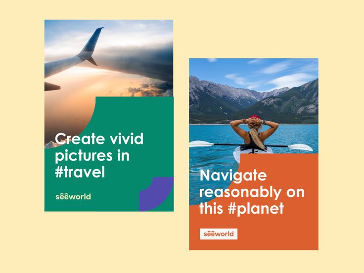 three different travel brochures with an airplane in the background