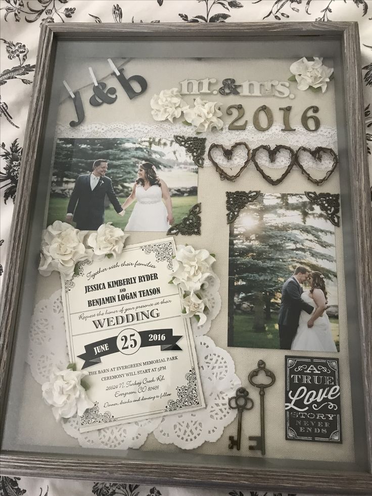 a wedding photo frame with the words, date and pictures on it in black and white