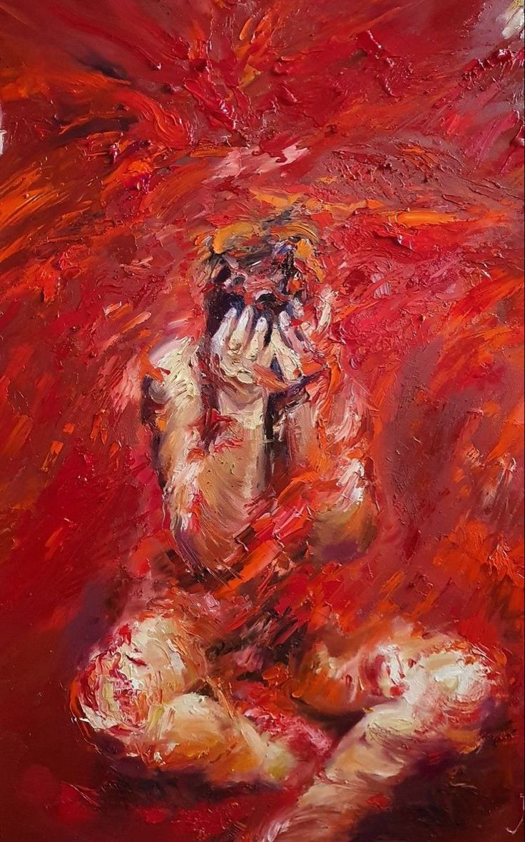 a painting of a man sitting on the ground with his hands up to his face