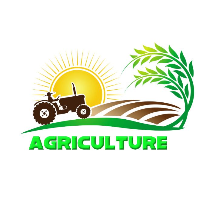 the logo for an agricultural company, with a tractor in front of a sun and grass field