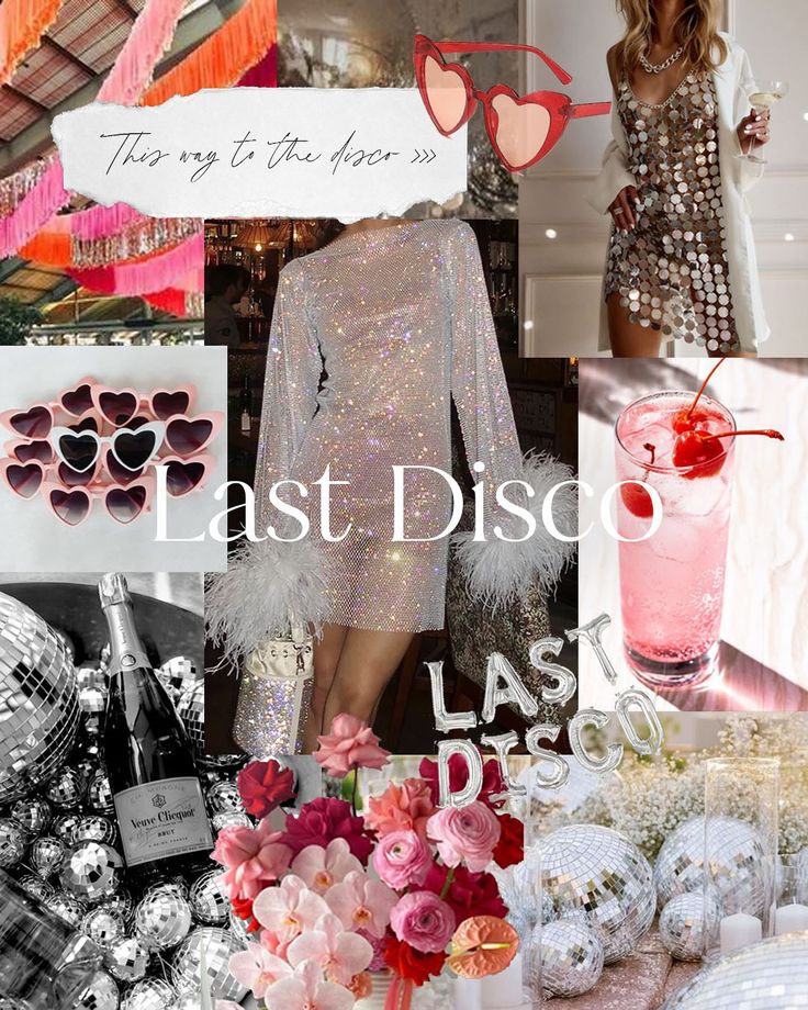 a collage of photos with pink and silver items in the background, including a woman's dress