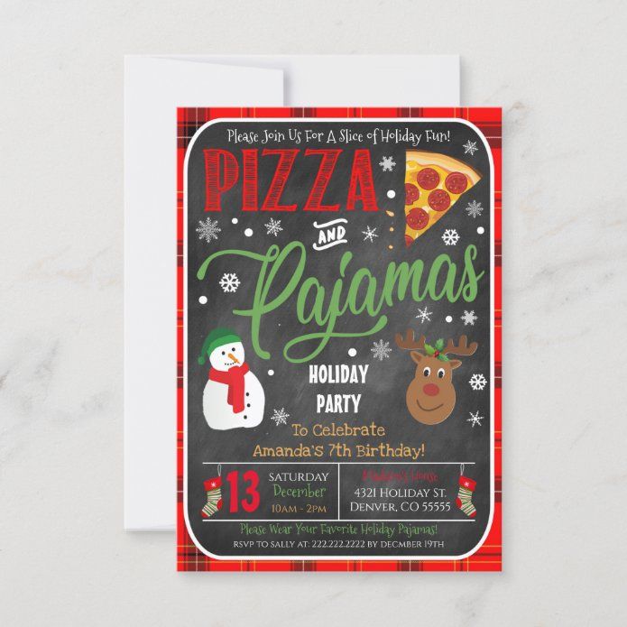 a pizza and christmas themed holiday party card