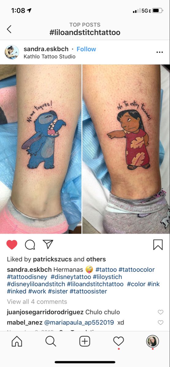 two people with matching tattoos on their legs, one has a cartoon character and the other has