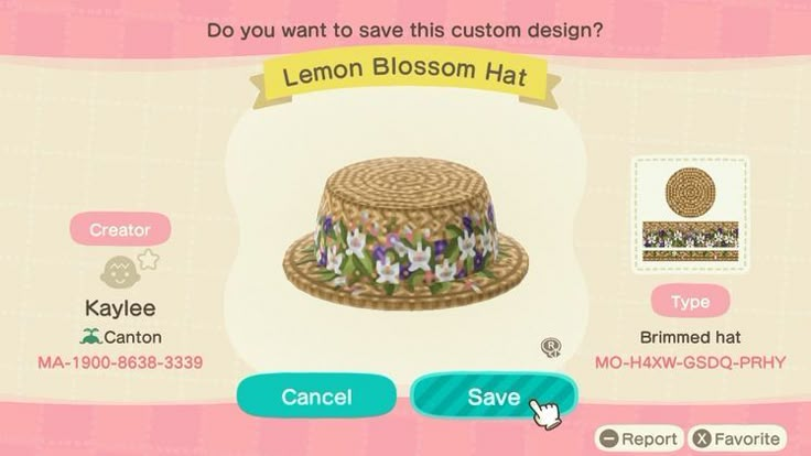 an animal crossing character is wearing a hat with flowers on it and the caption says, do you want to save this custom design? lemon blossom hat