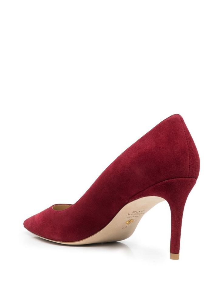 pointed suede pumps from STUART WEITZMAN featuring wine red, calf suede, calf leather, branded leather insole, pointed toe, slip-on style and high heel. Fitted Suede Heels With Red Sole, Burgundy Suede Pointed Toe Heels, Chic Burgundy Suede Heels, Suede Pumps, Wine Red, Stuart Weitzman, Calf Leather, High Heel, Kitten Heels