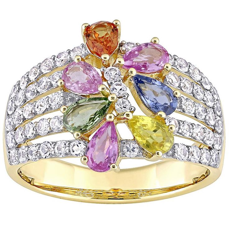 Featuring an array of colorful sapphire stones, this Stella Grace cluster ring adds a vibrant touch to any outfit. Featuring an array of colorful sapphire stones, this Stella Grace cluster ring adds a vibrant touch to any outfit. Metal: 14k gold Packaging: boxed Width: 14.8 mm Finish: polishedSTONE DETAILS Stone type: blue sapphire, pink sapphire, white sapphire, orange sapphire, yellow sapphire, green sapphire Total weight: 2 9/10 ct. Shape: pear, round Setting: prong Gemstones may have been tr Gold Packaging, Sapphire Stones, Floral Ring, Colors Orange, Orange Sapphire, Green Sapphire, Sapphire Stone, Green And Pink, Yellow Sapphire