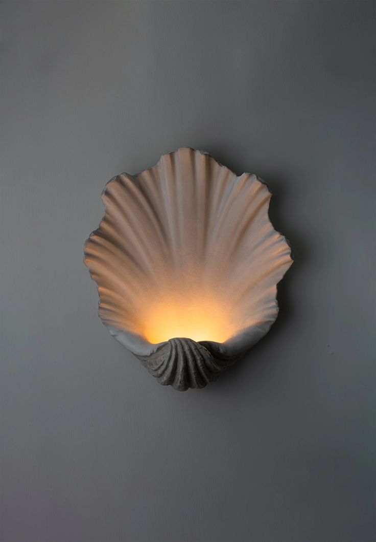 a scallop shell shaped light fixture mounted on the wall with a dim light