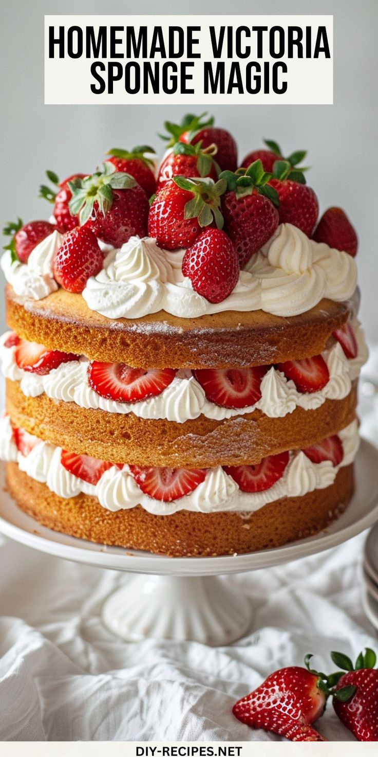 a cake with strawberries on top and the words homemade victoria sponge magic above it