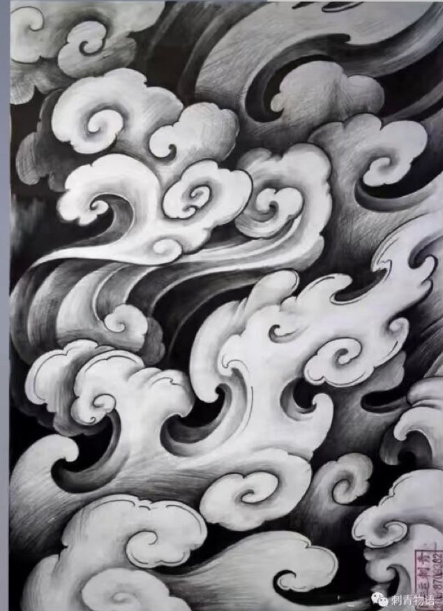 a drawing of clouds and waves in black and white