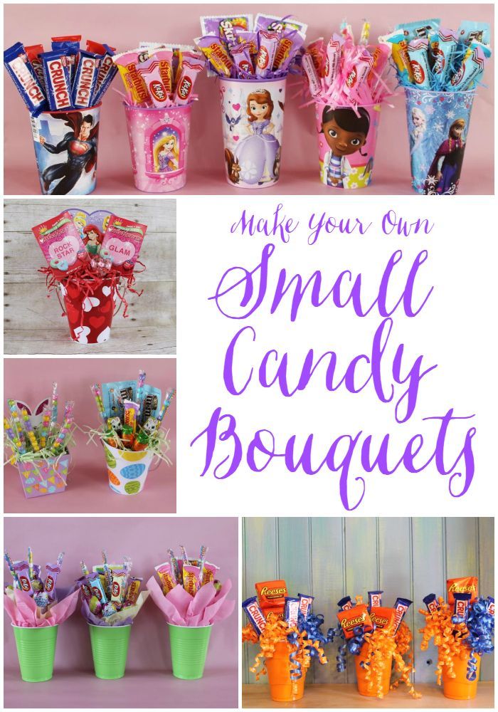 small candy bouquets are arranged in different styles and colors with the words make your own