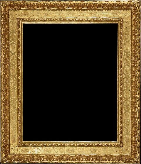 an ornate gold frame with black background and white border on the bottom, is shown