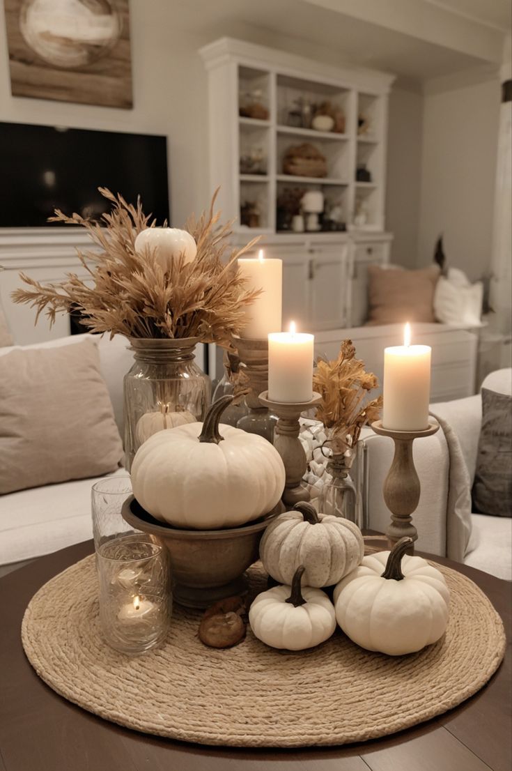 a table topped with white pumpkins and candles on top of a wooden table next to a couch