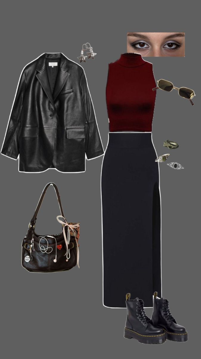 Autumn Outfits Birthday, Hogwarts Fashion Inspired Outfits, Red And Black Fall Outfits, Smart Work Outfits Women Business Casual, Shacket With Skirt, 90s Rock Aesthetic Outfits, Outfits For The Theatre, Black Dress Autumn Outfit, Black Witchy Outfits