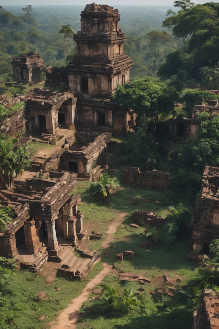 an aerial view of ruins in the jungle