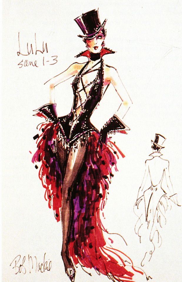 a drawing of a woman in a dress and top hat with feathers on the skirt