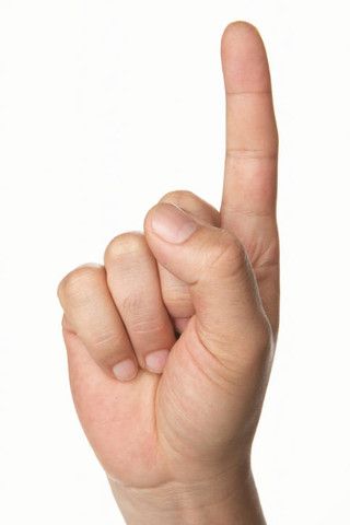 a hand making the number one sign with it's index and finger up in front of a white background